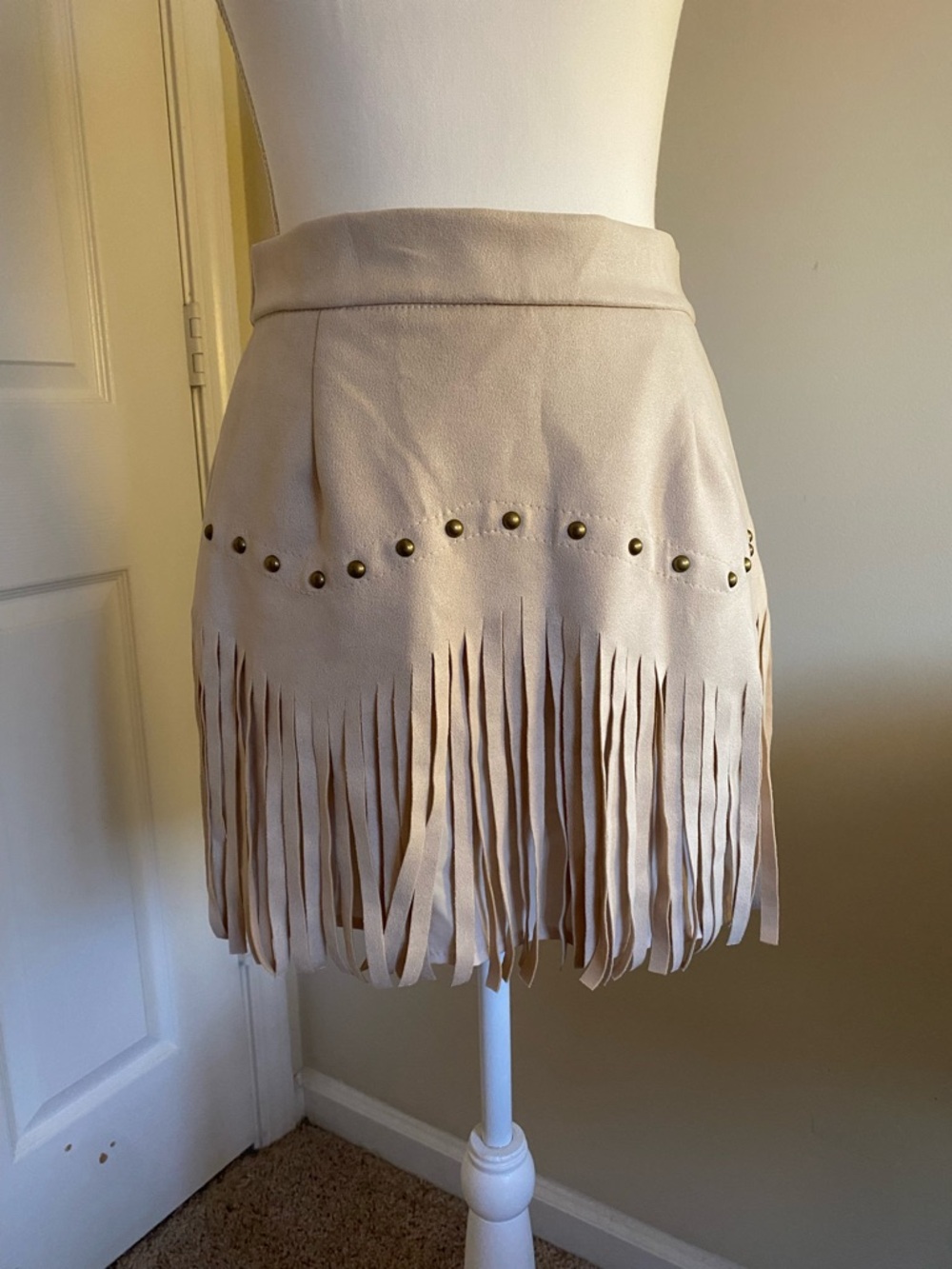 SHEIN Beige Suede-Look Fringe Mini Skirt with Stud Trim